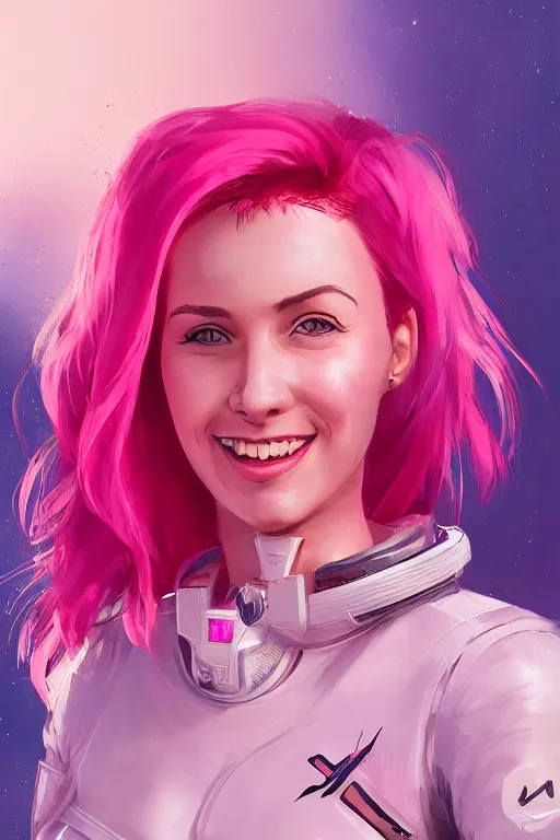 Image similar to a portrait of an attractive female sci fi pilot with pink hair, bangs, playful, grinning, illustration by aleksei vinogradov, trending on artstation