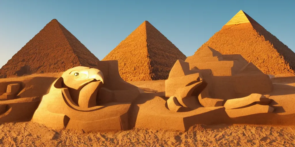 Image similar to A giant sand sculpture of an eagle head standing in the middle of a desert, next to a pyramid. Hyperrealistic photograph, golden hour