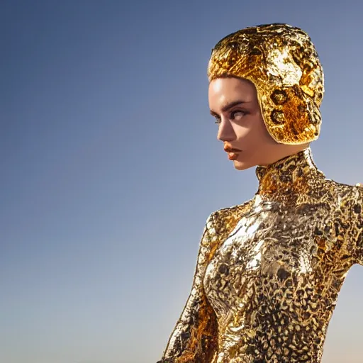 Prompt: close up of face of female fashion model, ice sculpture in desert, gold plated, versace dress, highly detailed