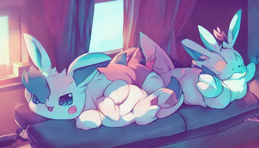 Image similar to a chubby sylveon pokemon sleeping on a couch cushion, slanted lighting from window, dust motes in air, cozy vibe, atmospheric, fine details, artwork by ross tran and ilya kuvshinov