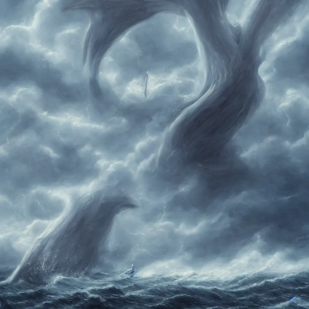 Image similar to a fantasy book style portrait of a giant squid, stormy sea, giant waves, lightning in the background, small boat, oil painting, 4 k