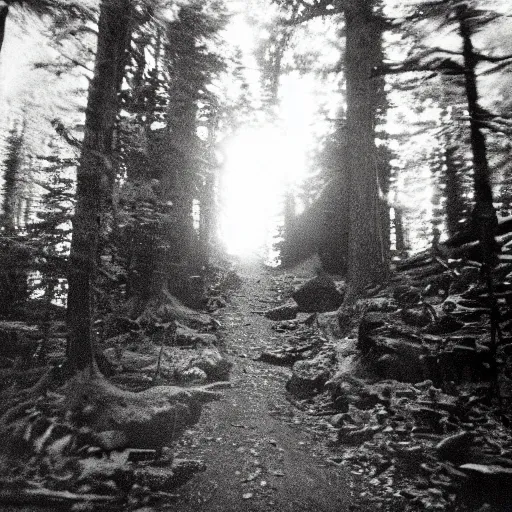 Prompt: A medium-format black-and-white photo shot on expired film, of the last thing a hiker saw before disappearing forever, 1976