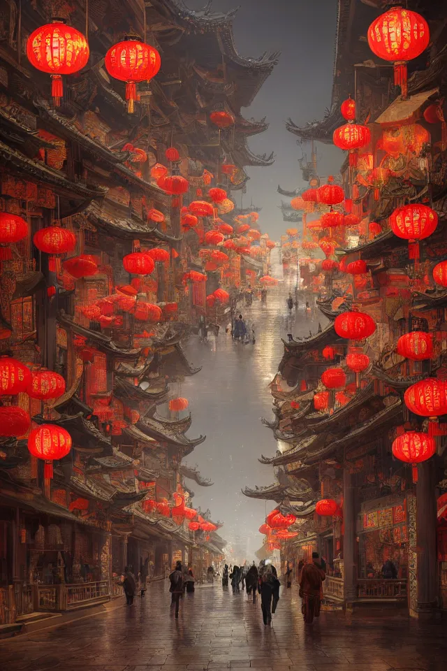 Image similar to epic scenery of a shopping street in the Chinese imperial city, intricate, elegant, volumetric lighting, digital painting, highly detailed, artstation, sharp focus, illustration, concept art, ruan jia, steve mccurry