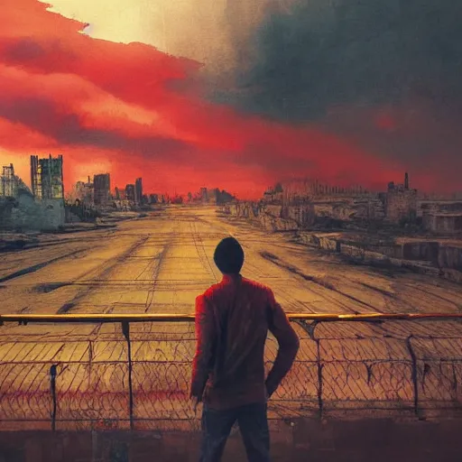 Image similar to a person watching the end of the world with a red sky, dystopian city, debris, dramatic painting