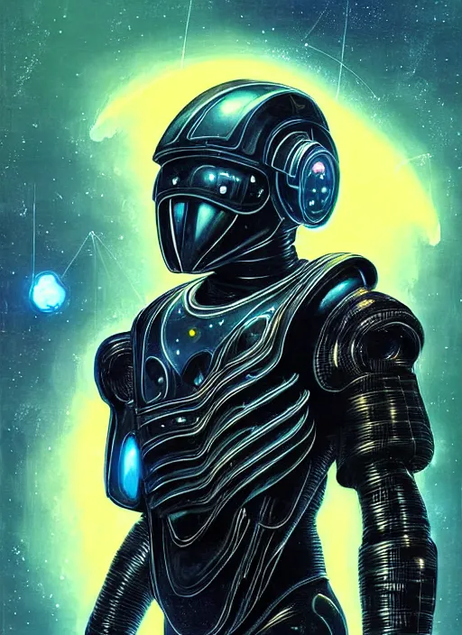 Image similar to young black man in cyber suit, character portrait, cinematic, close up, concept art, intricate details, highly detailed, vintage sci - fi poster, retro future, vintage sci - fi art, in the style of chris foss, rodger dean, moebius, michael whelan, hearthstone, katsuhiro otomo, and gustave dore