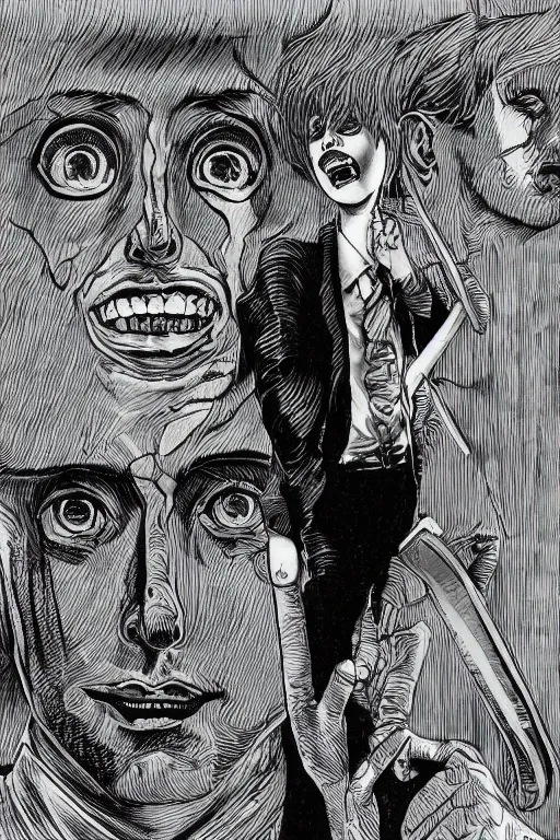 Image similar to junji ito illustration of ryan gosling