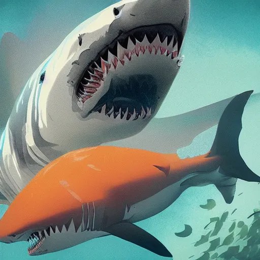 Image similar to great white shark, traffic cones as fins, underwater background detailed atmospheric - ron cheng & alphonse mucha, highly detailed, digital painting, ray tracing, concept art, illustration, smooth sharp focus, intricate, symmetry, artstation,