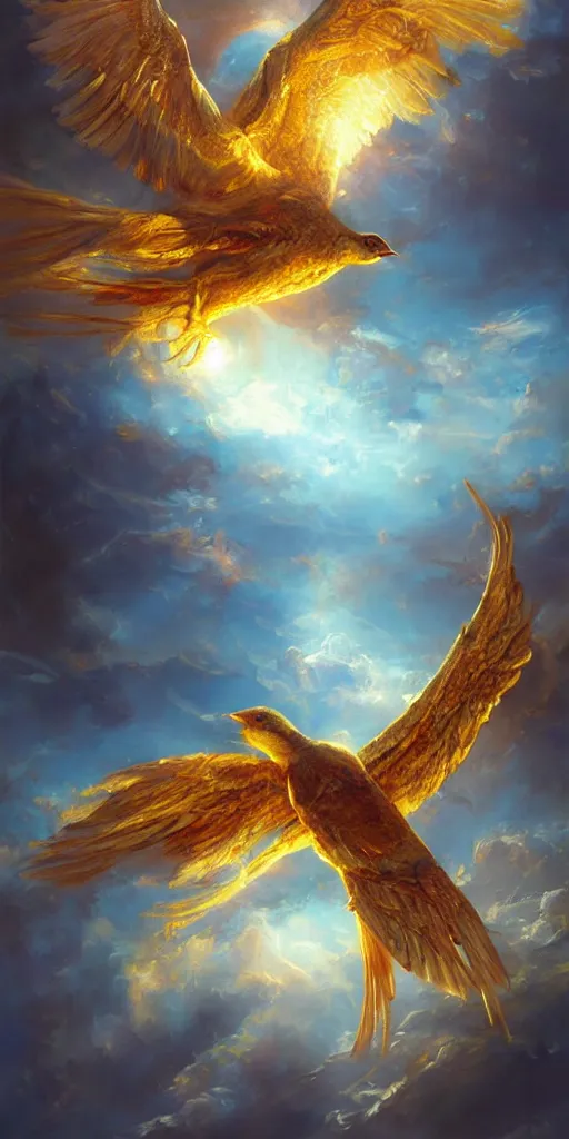 Image similar to a painting of a golden bird flying through the sky, poster art by raymond swanland, deviantart, fantasy art, christian, deviantart, mystical