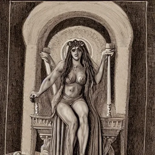 Prompt: the goddess hekate, seated in her holy element, glorious and occult, with symbolic elements