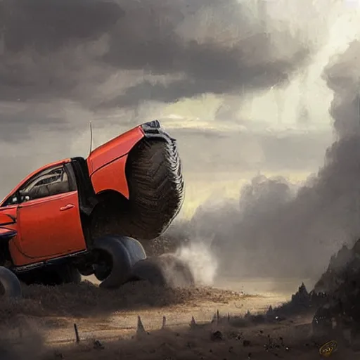 Prompt: Boris Johnson riding a monster truck, Greg Rutkowski, Tragic