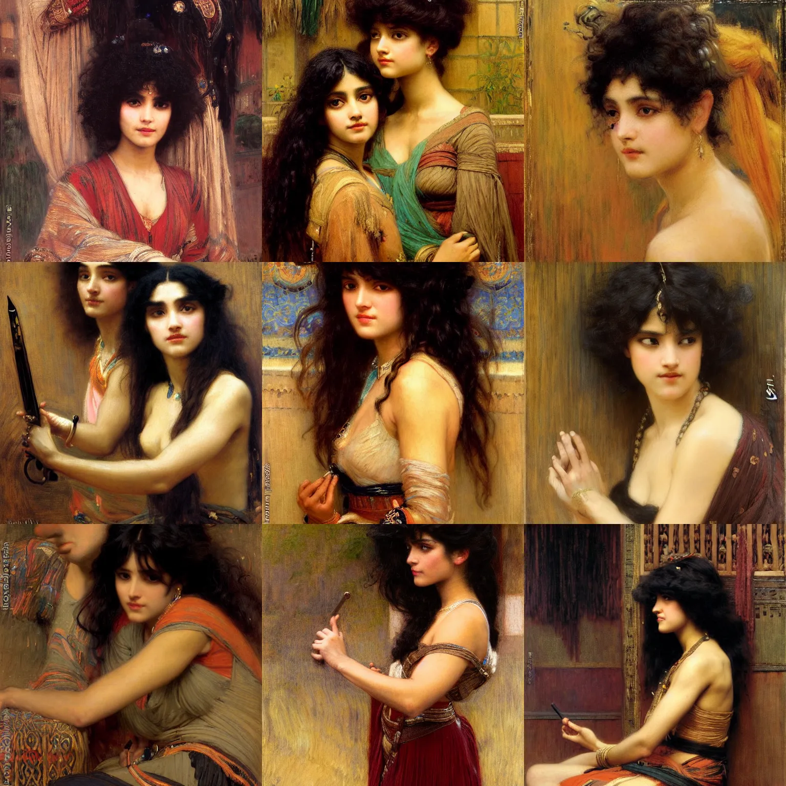 Prompt: orientalism painting of bangs, curly black hair woman with brown skin portrait by john william waterhouse and Edwin Longsden Long and Theodore Ralli and gaston bussiere. Cinematic, hyper realism, dramatic lighting, high detail 8k
