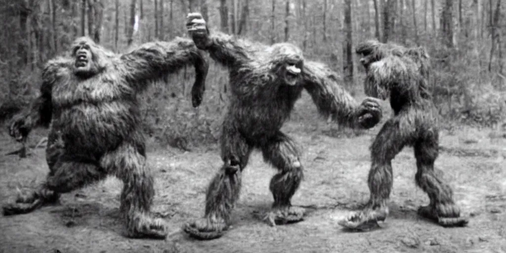 Image similar to : stereopticon photo of bigfoot fighting robot