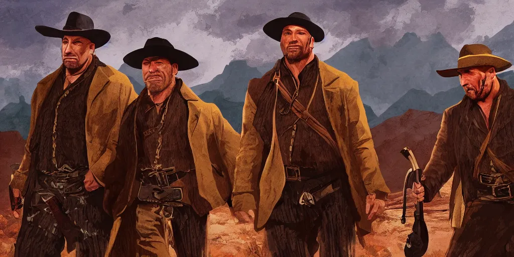 Prompt: digital painting of Holt McCallany and Dave Bautista as old-west-bandits on the mountain-trail, grim, volumetric lighting