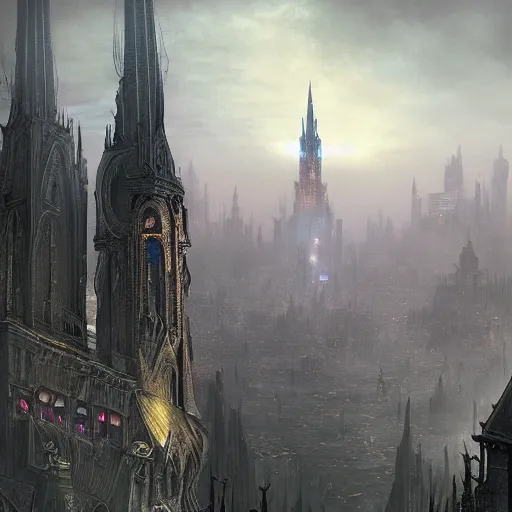 Image similar to an ultra detailed matte painting of a lonely and impossibly elevated temple district of the damned god, with a lone tall ominous gothic dark tower elevated high above the city, in a river elevated high above the city, fantasy capital city, ultrawide lense, aerial photography, volumetric lighting, exquisite detail, 8 k, art by greg rutkowski and alphonse mucha