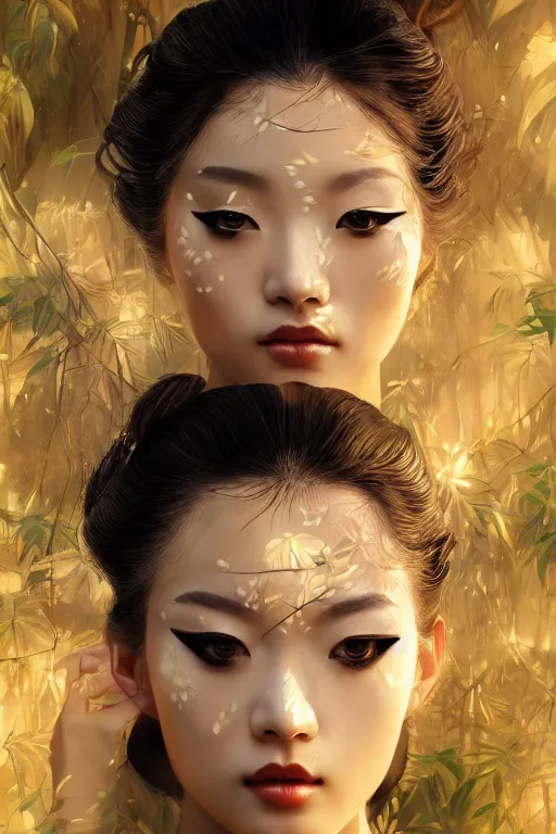 Prompt: stunningly beautiful, geisha prima ballerina in jungle, symmetrical face, golden hour, smooth, focus, highly detailed, hyper realistic, dramatic lighting, elegant, intricate, concept art, art by wlop, mars ravelo, greg rutowski, artstation