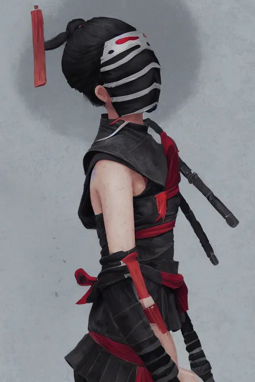 Image similar to native japanese young woman dressed like shinobi ninja, focused stare, partially masked, highly detailed, photorealistic render, digital painting, trending on artstation, character design, overcast weather