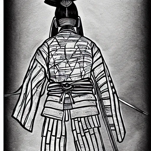 Prompt: entire body portrait from behind samurai that holds chain art inkstyle brush ink traditional sketch