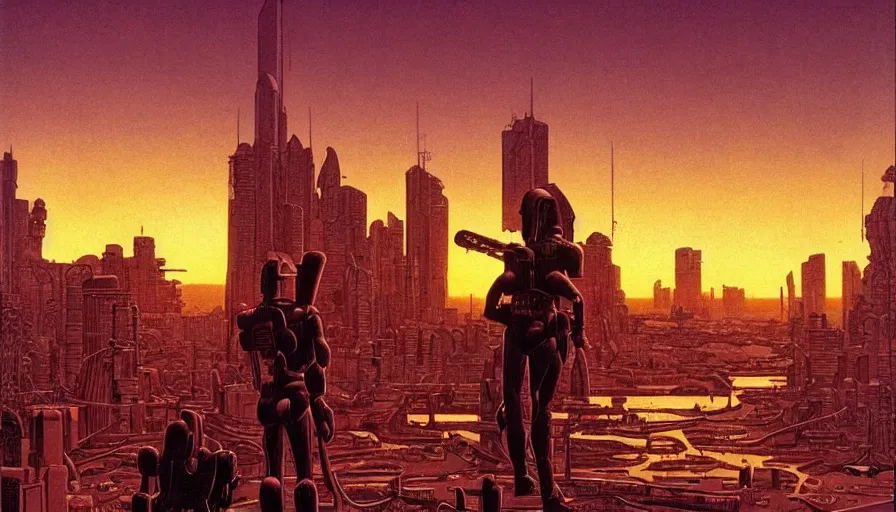 Image similar to Sun setting in a utopian futuristic cityscape with a bounty hunter in the foreground, by Jean Giraud, by Moebius, highly detailed, oil on canvas