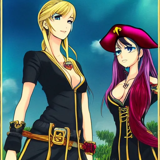 Image similar to a scene of a stare down between two beautiful female pirate captains, detailed anime art