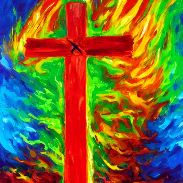 Image similar to cross in flames, fire burning in rainbow colors, oil painting, bold strokes