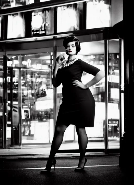 Prompt: a film photography of a joan holloway, curvy, of mad men on madison avenue, new york city. by annie leibovitz. noir style. cinematic. neon lights glow in the background. ilford hp 5 4 0 0, canon eos c 3 0 0, ƒ 1. 8, 3 5 mm, 8 k, medium - format print