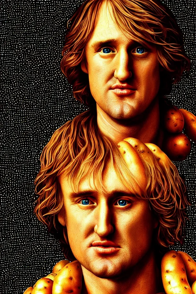 Image similar to bizarre renaissance portrait of owen wilson in a sea of thousands of highly detailed potatos, dramatic cinematic lighting, 8 k, beautiful intricate pop - art painting