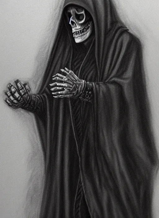 Prompt: pencil ultradetailed painting of the necromancer, wearing a black cloak, crisp