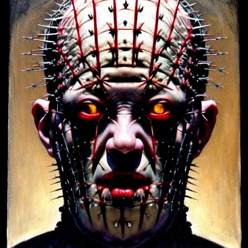 Image similar to portrait of pinhead from hellraiser. demonic cenobite. barbed wire face, blood. oil painting by lucian freud. path traced, highly detailed, high quality, j. c. leyendecker, drew struzan tomasz alen kopera, peter mohrbacher, donato giancola