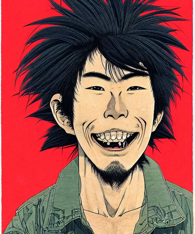 Image similar to a portrait of ruggedly handsome young japanese man with a who is smiling into the camera, his hair is messy and wild, a masterful and highly - skilled full color illustration by otomo katsuhiro and terada katsuya, anatomically correct, sharp focus, m, vivid colors