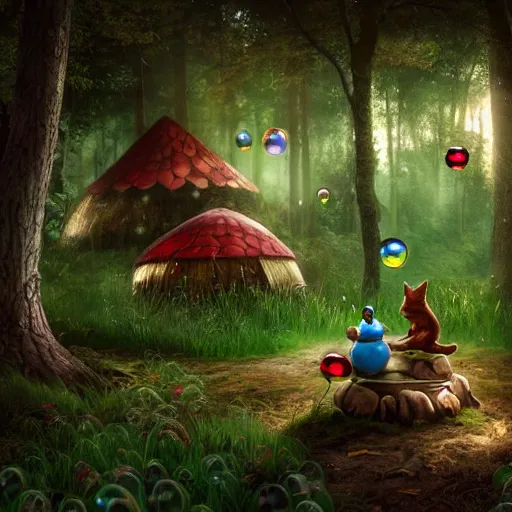 Prompt: A hyper real comic book style portait painting of an enchanted forest with toadstools and a forest hut. Soap bubbles in the air. A fox is watching, unreal 5, hyperrealistic, octane render, cosplay, RPG portrait, dynamic lighting