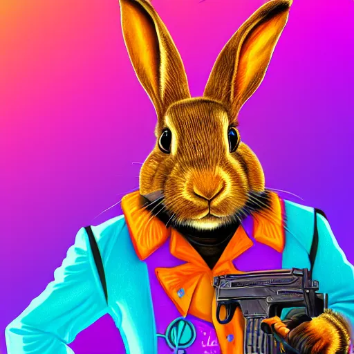 Image similar to portrait of rabbit with UV neon fur holding a machine gun , 8k, highly detailed, sharp, realistic, in style of Lisa Frank, Artstation, deviantart