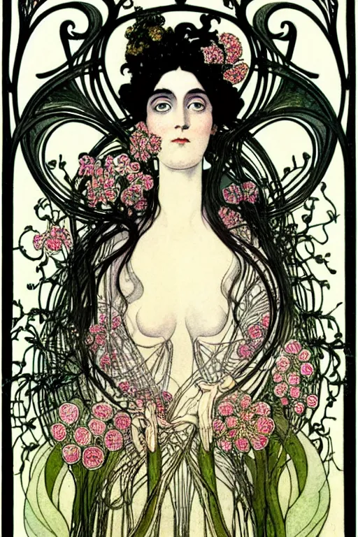 Image similar to centered detailed front view portrait of a victorian beautiful woman with ornate flowers growing around, inside a vine frame ornamentation, flowers, elegant, dark and gothic, full frame, art by kay nielsen and walter crane, illustration style, watercolor