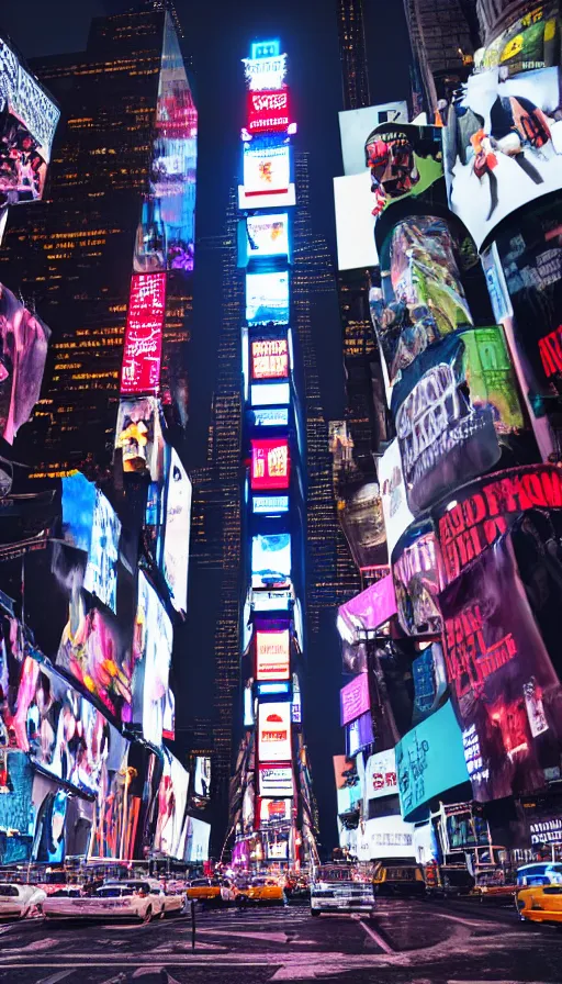 Image similar to 8k high resolution photograph of cyber punk New York Times Square at night, futuristic