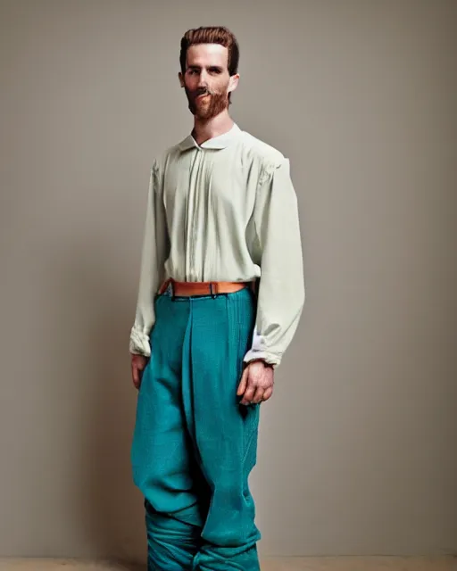 Prompt: blurry photo of a ancient male model wearing a teal boot cut flared distressed medieval designer menswear trousers designed by kapital, 4 k, studio lighting, wide angle lens, 2 0 0 4