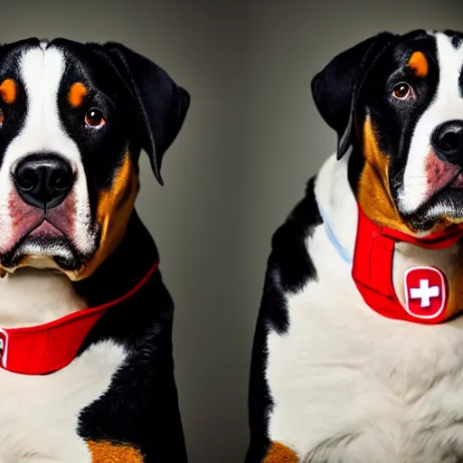 Image similar to a high detail shot of a big swiss mountain dog wearing a hazmat suit,studio photograph,professional photography,studio lighting,professional lighting,3 point lighting,hyperdetailed,photorealistic,50mm lens,detailed face