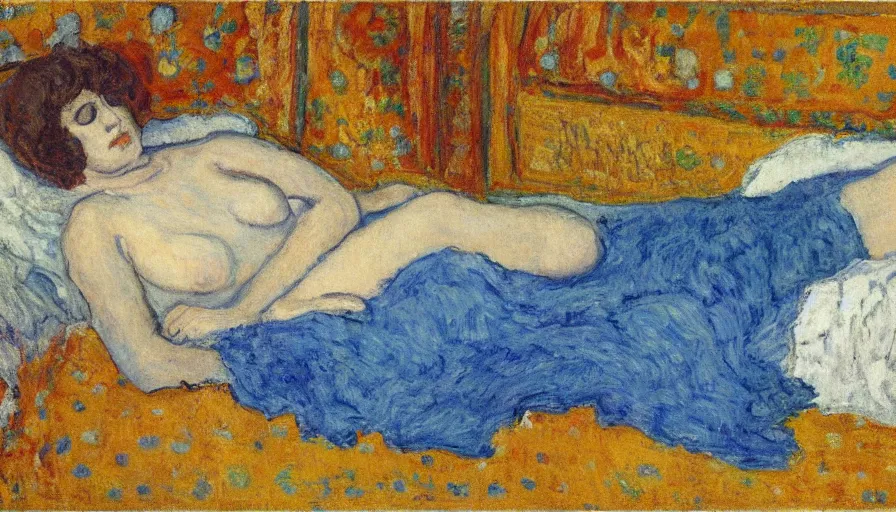 Prompt: woman with blue dress laying on the bed, by pierre bonnard