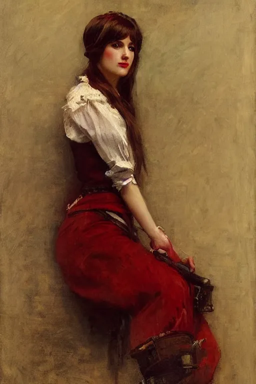 Image similar to Solomon Joseph Solomon and Richard Schmid and Jeremy Lipking victorian genre painting full length portrait painting of a young beautiful woman traditional german barmaid in fantasy costume, red background