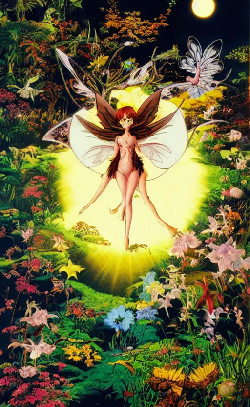 Prompt: anime fairies, enchanted forest, sun in the sky, bunnies, hallucination, psychotropic psychedelic, wide angle shot, white background, vector art, illustration by frank frazetta by salvador dali