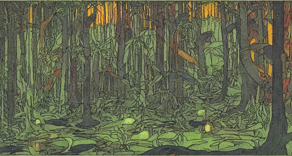 Image similar to A dense and dark enchanted forest with a swamp, by Ivan Bilibin,