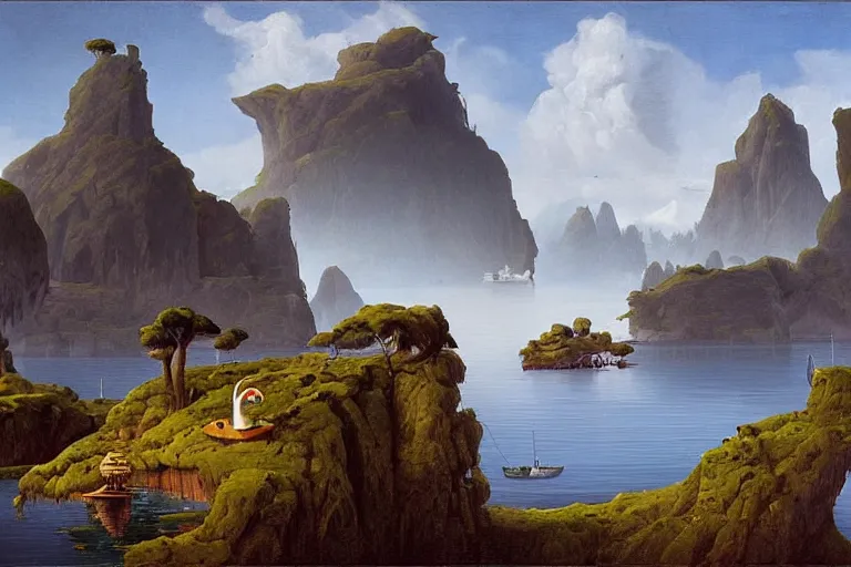 Prompt: A bizarre island landscape in the style of Dr. Seuss, boats, painting by Raphael Lacoste