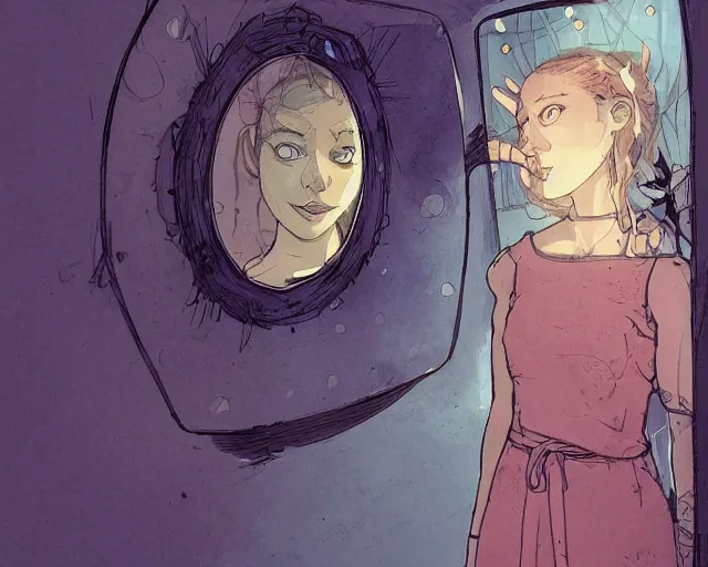 Image similar to a cell shaded cartoon of a girl in dress looking at the mirror to another world dimension, illustration, subtle colors, post grunge, concept art by josan gonzales and wlop, by james jean, victo ngai, david rubin, mike mignola, laurie greasley, highly detailed, sharp focus, alien, trending on artstation, hq, deviantart, art by artgem