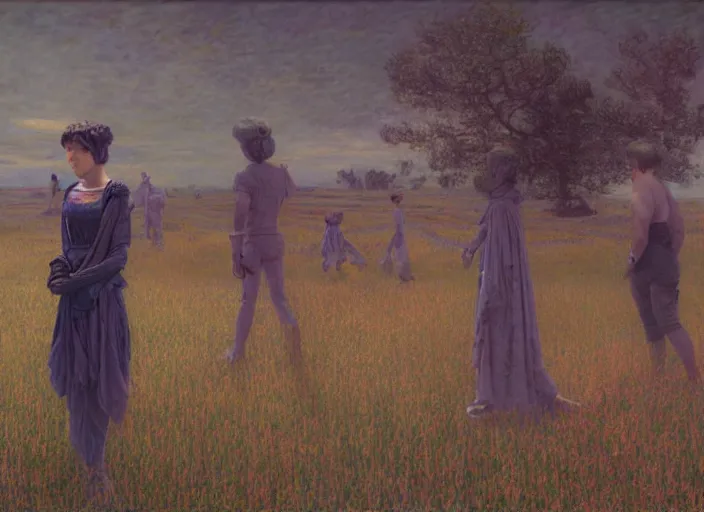 Image similar to people exterior futuristic field, figures, in the style of jeremy enecio, intricate, miles johnston, monet, cynical realism, john william godward, painterly, yoshitaka amano, miles johnston, louise zhang, matt murphy, enes dirig, pekka halonen, finnish naturalism, realism