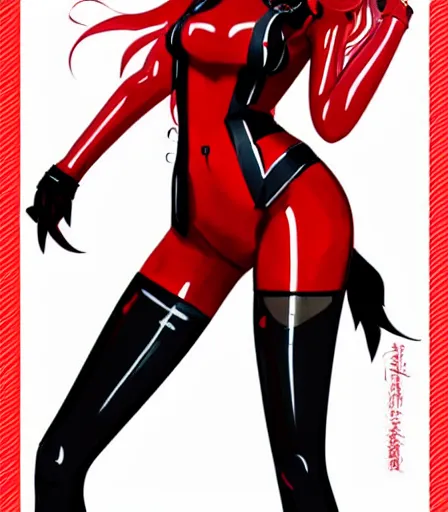 Image similar to beautiful ann takamaki from Persona 5 in her red latex outfit digital portrait in the style of stanley artgerm