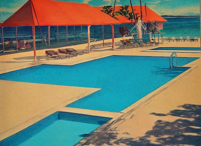 Image similar to pool at the beach without people. nostalgic. 6 0 s styled art