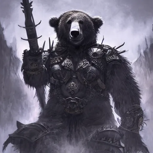 Prompt: Bear, Anthropomorphized, as scarred warlord general on throne, magic the gathering artwork, D&D, fantasy, cinematic lighting, centered, symmetrical, highly detailed, digital painting, artstation, concept art, smooth, sharp focus, illustration, volumetric lighting, epic Composition, 8k, art by Akihiko Yoshida and Greg Rutkowski and Craig Mullins, heroic pose, oil painting, cgsociety, Battlefield background, explosions, arrows