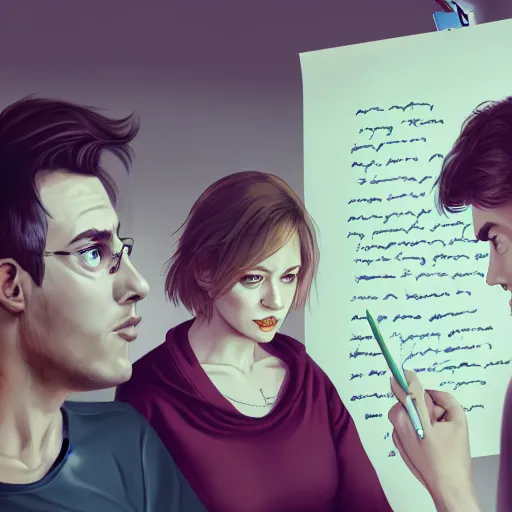 Image similar to realistic portrait of a terrified female author looking at some written notes while three male and one female characters look intensely, aesthetic!, trending on artstation, detailed digital art,