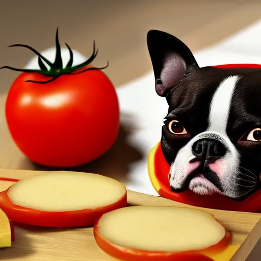 Image similar to boston terrier with a beard eating tomato's with cheese, photorealistic, high detail, 8 k resolution