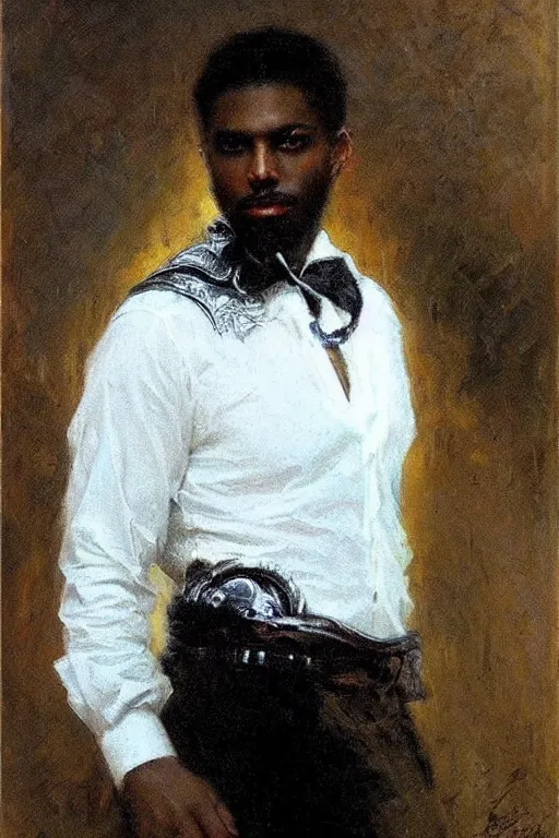 Image similar to portrait of a sophisticated black man in a pristine white dress shirt. his eyes are black pits of cosmic darkness. art by gaston bussiere.