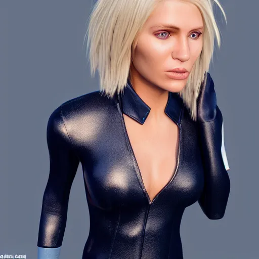 Image similar to beautiful blonde model, 2 arms, tight navy-blue leather outfit, full body and face and head, photorealistic, extreme detail, octane render, artstation, unreal engine