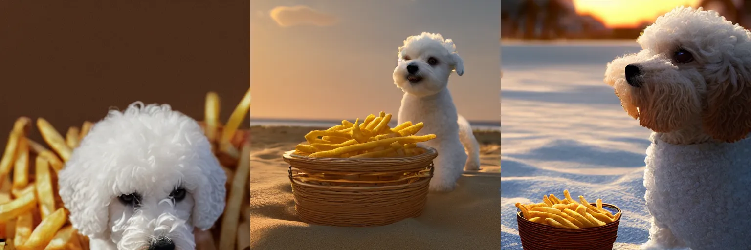 Prompt: a photorealistic photograph of a knitted white bichon puppy eating basket of french fries during sunset at the beach Trending on artstation, featured on Behance, well-rendered, Unreal Engine, 4K HD